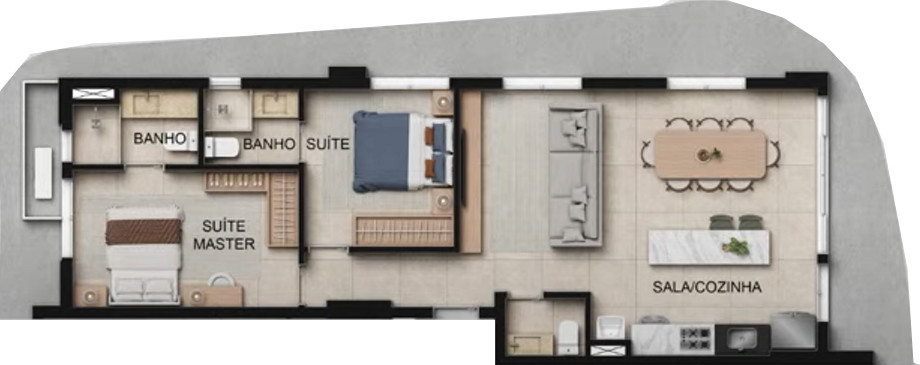 Planta do apartamento de 71 m² do Opus Zoom Marista