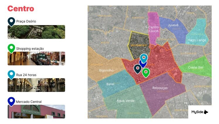 Mapa do Centro de Curitiba com alguns dos principais pontos para conhecer
