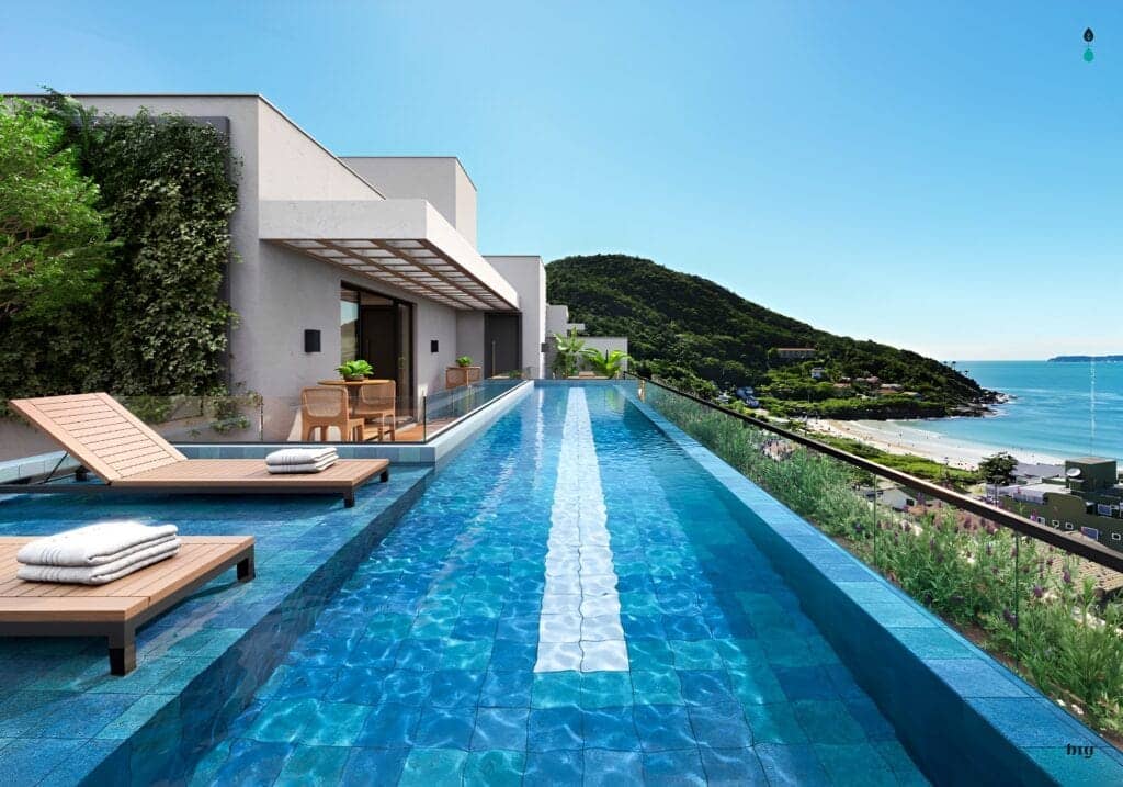 Vista da piscina para a Praia de 4 Ilhas, empreendimento Maríssima 4 Ilhas