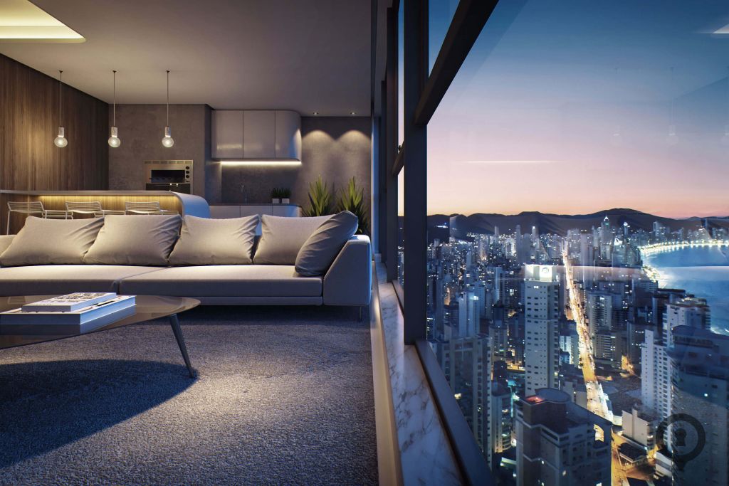 Vista do living de apartamento no Vitra By Pininfarina
