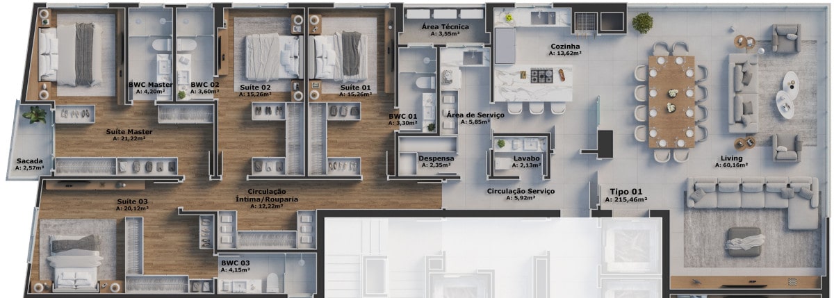 Planta de 215 m² e 4 suítes no Bristol Residence