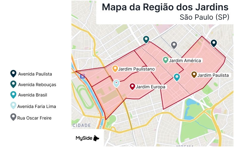 Mapa da região dos Jardins, em São Paulo