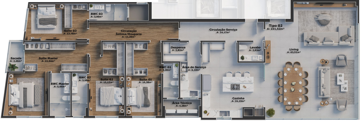 Planta de 230 m² e 4 suítes no Bristol Residence