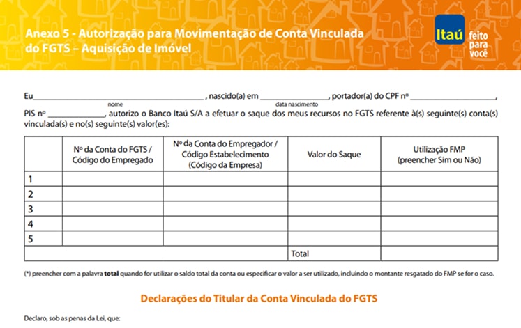 Formulário de autorização para o uso do FGTS do Itaú