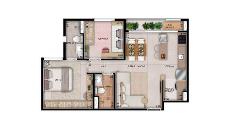 Planta com 2 quartos e 59 m² do Wish Bella Vista