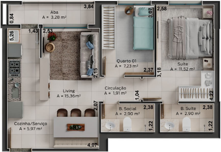 Planta de 60 m² e 1 suíte do Linea Leste-Oeste
