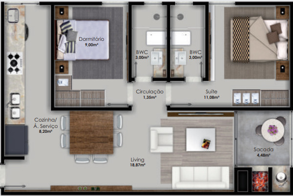 Planta de 66 m² do Residencial Jardim dos Palmares