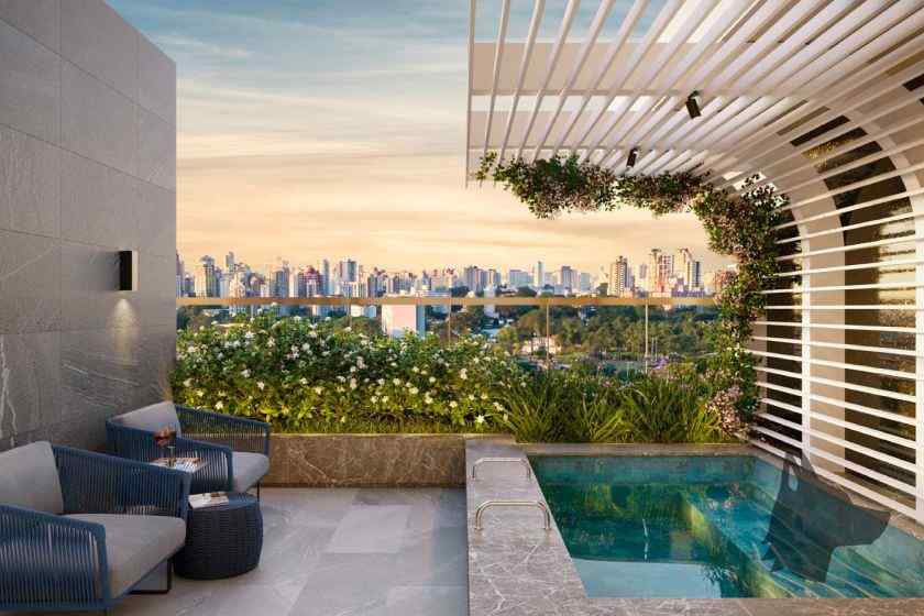 Piscina na varanda com detalhes pensados para proporcionar luxo e sofisticação