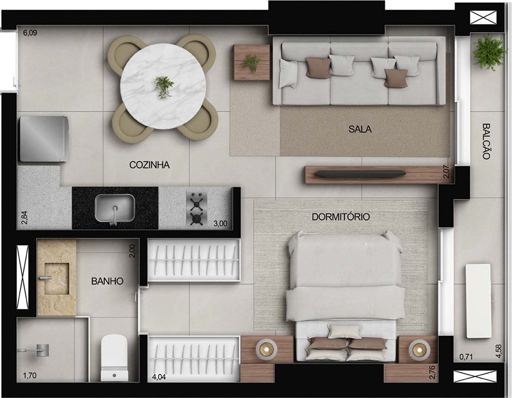 Planta de 37 m² do Opus Gyro Praça do Sol