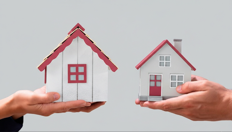 Duas mãos segurando casas em miniatura com fundo lilás