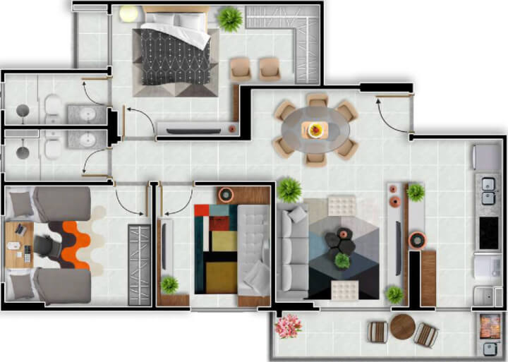 planta de 3 quartos de 74 m² Terra Mundi Eldorado B3