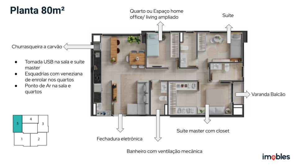 Planta de 80 m² do Atoll Residências
