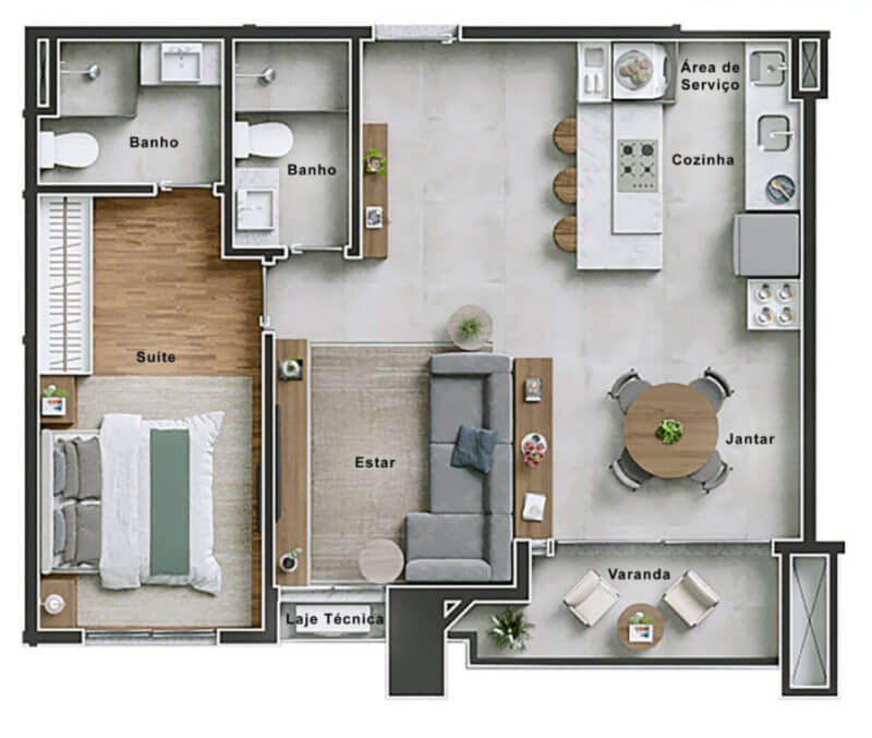 Planta de 59 m² e 2 quartos do 15W22