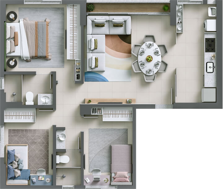 Planta de 83m² e 3 quartos do Versat