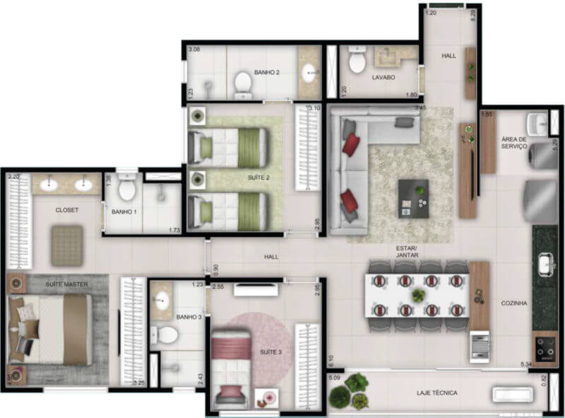 Planta destaque de 3 quartos e 97 m² do Wish Vaca Brava