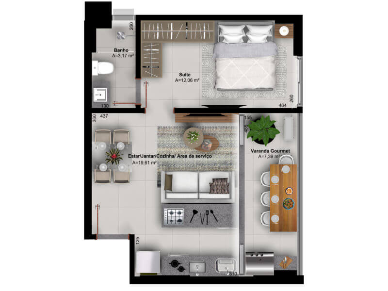 Planta de 1 quarto e 48 m² do Lux Oeste