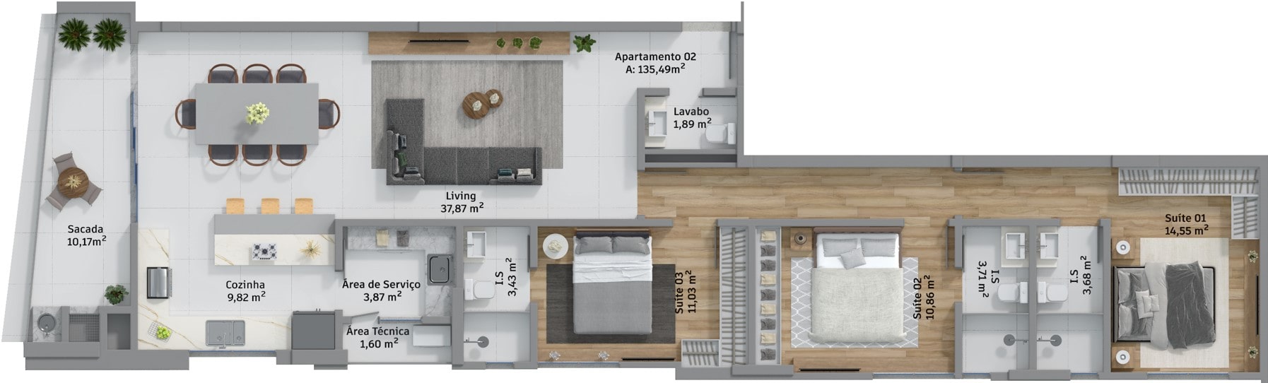 Planta de 3 suítes e 135 m² do Soirée