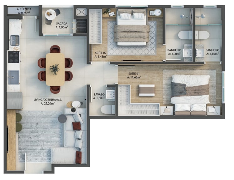 Planta de 2 suítes e 69 m² do Hub 444 Residencial