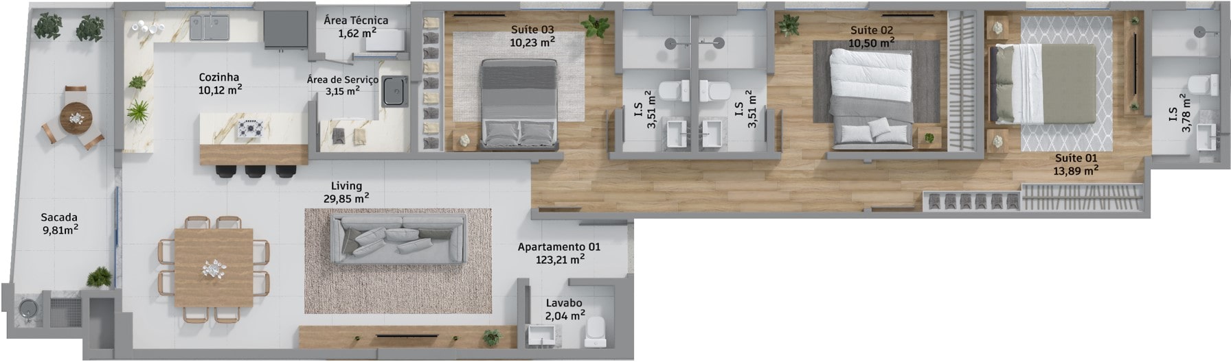 Planta de 3 suítes e 123 m² do Soirée