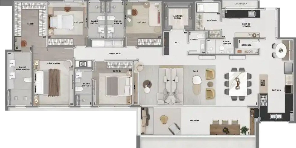 Planta do apartamento de 202 m² do Aura