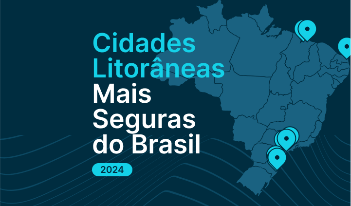 Mapa do Brasil com os dizeres 'cidades litorâneas mais seguras do Brasil 2024'