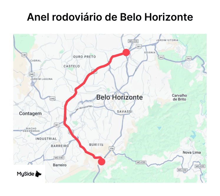 Mapa do Anel Rodoviário de Belo Horizonte