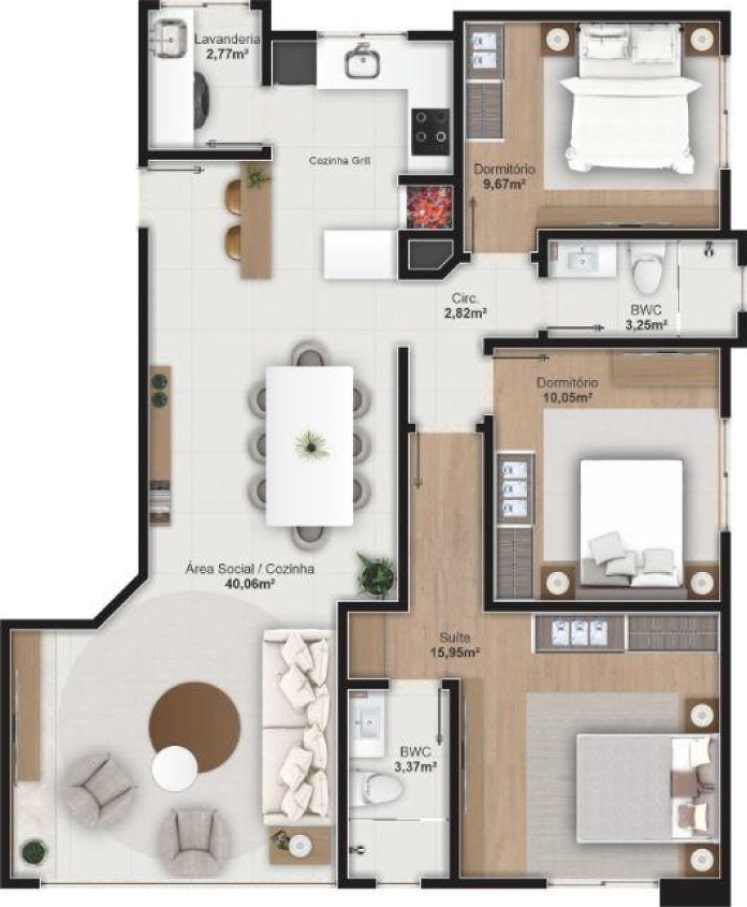 Planta do apartamento de 3 quartos e 144 m² do Punta Sal