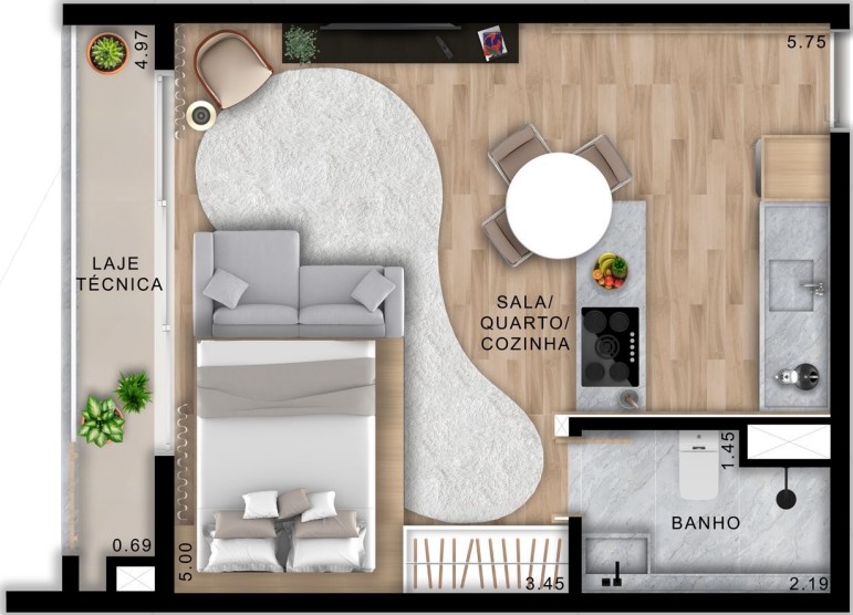 Planta studio de 37 m² do Metropolitan Bueno