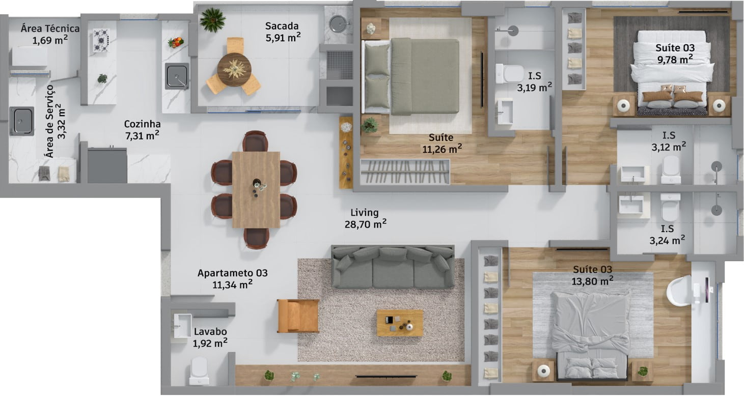 Planta de 3 suítes e 110 m² do Soirée