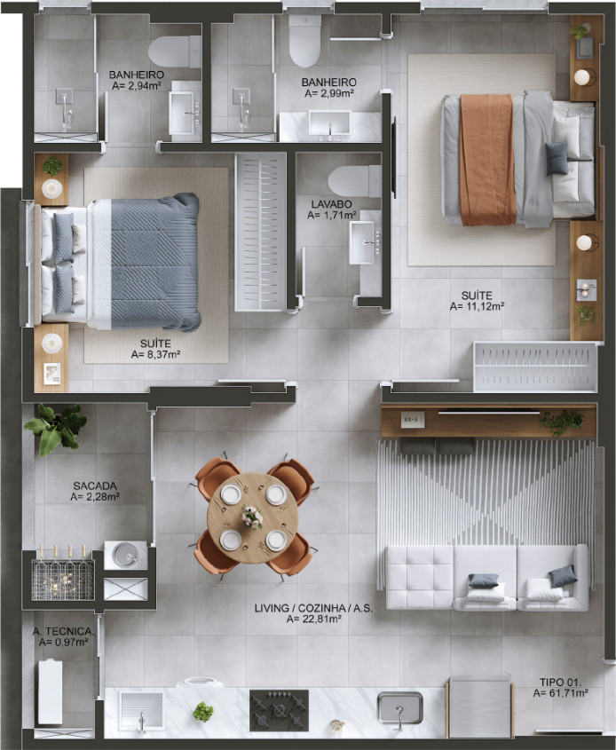 Apartamento de 2 quartos e 62 m² do Flow Residencial