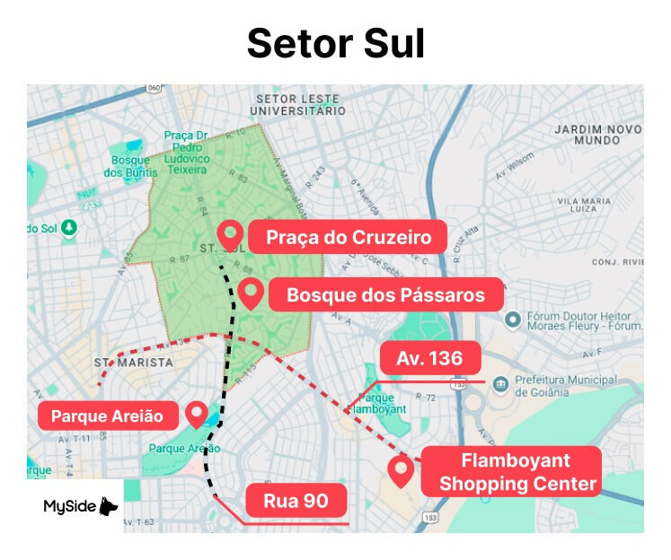 Mapa do Setor Sul em Goiânia, GO.