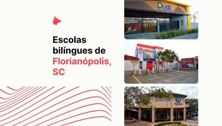 Imagem escrito "Escolas bilíngues em Florianópolis, SC" e foto da fachada de 3 escolas