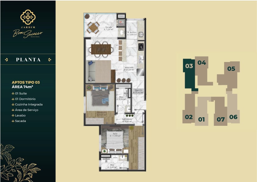 Planta do tipo 03 com 74m² do Jardim Bom Sucesso Residence