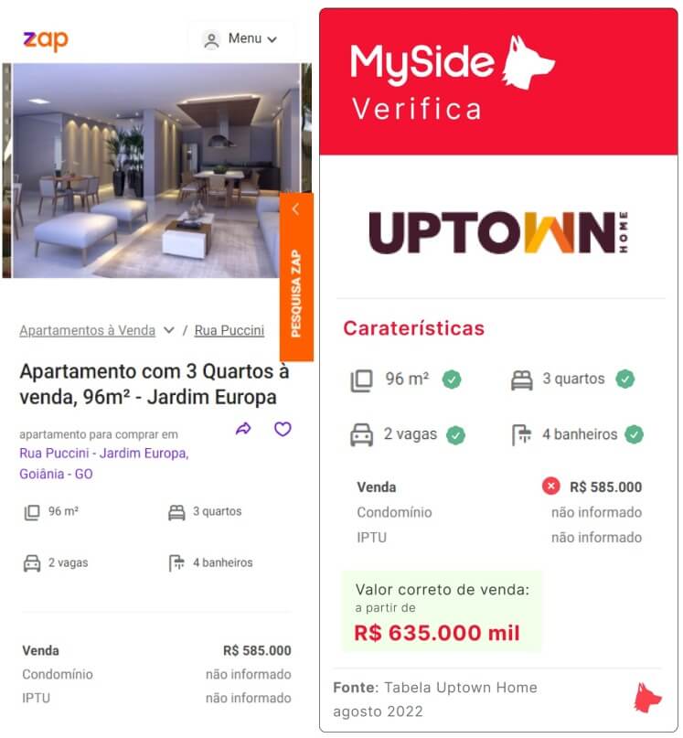 Montagem de comparação de anúncio do Wish Vaca Brava e as informações oficiais da construtora