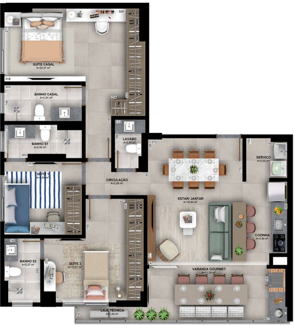 Planta de 3 suítes e 112 m² no Dom Parque Flamboyant