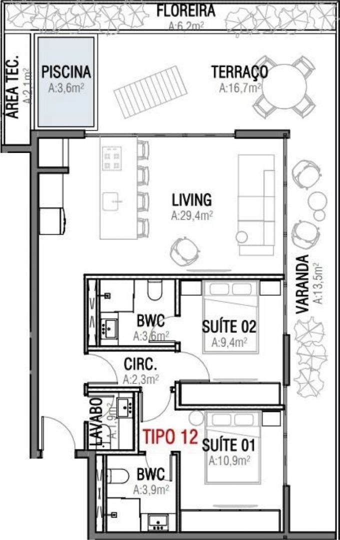 Planta de 112 m² do Vértice Vivapark