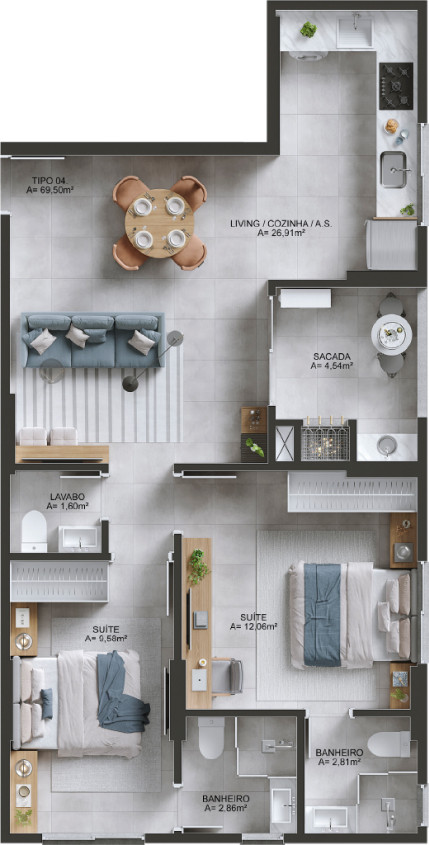 Apartamento de 2 quartos e 70 m² do Flow Residencial