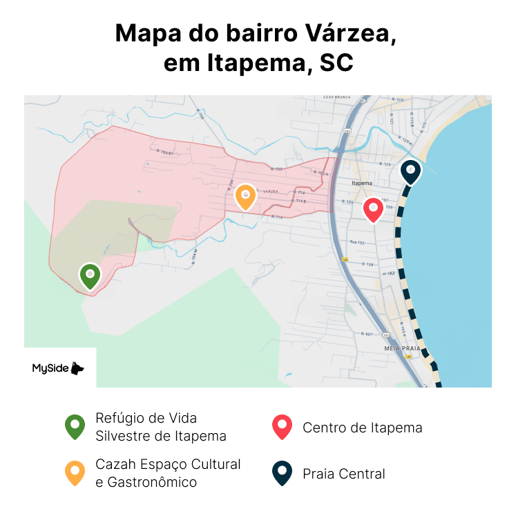 Mapa do bairro Várzea, em Itapema, Santa Catarina.
