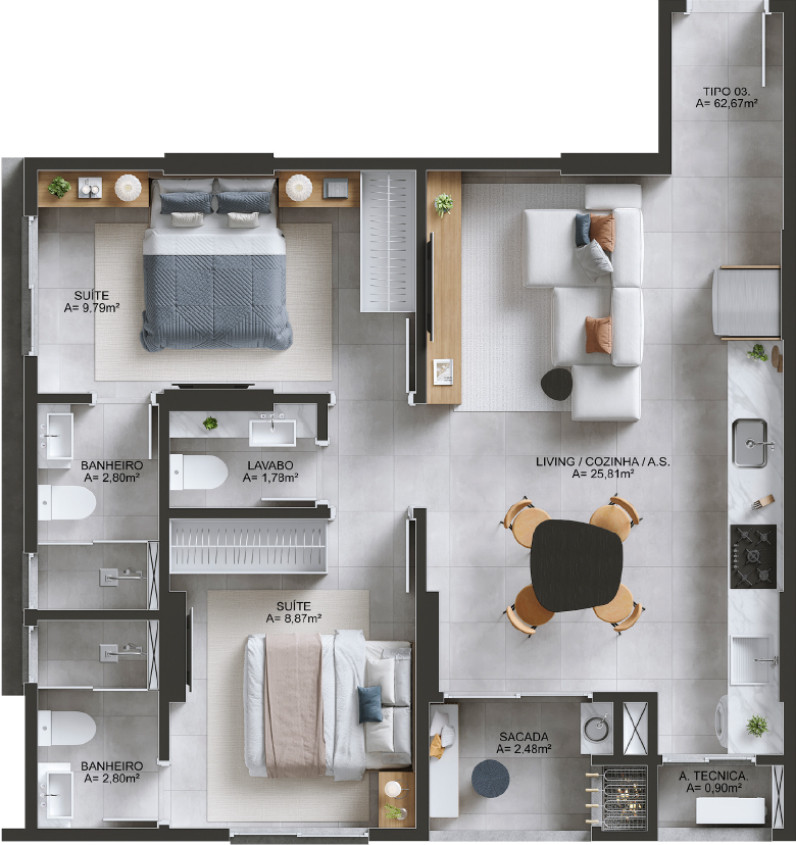 Apartamento de 2 quartos e 63 m² do Flow Residencial