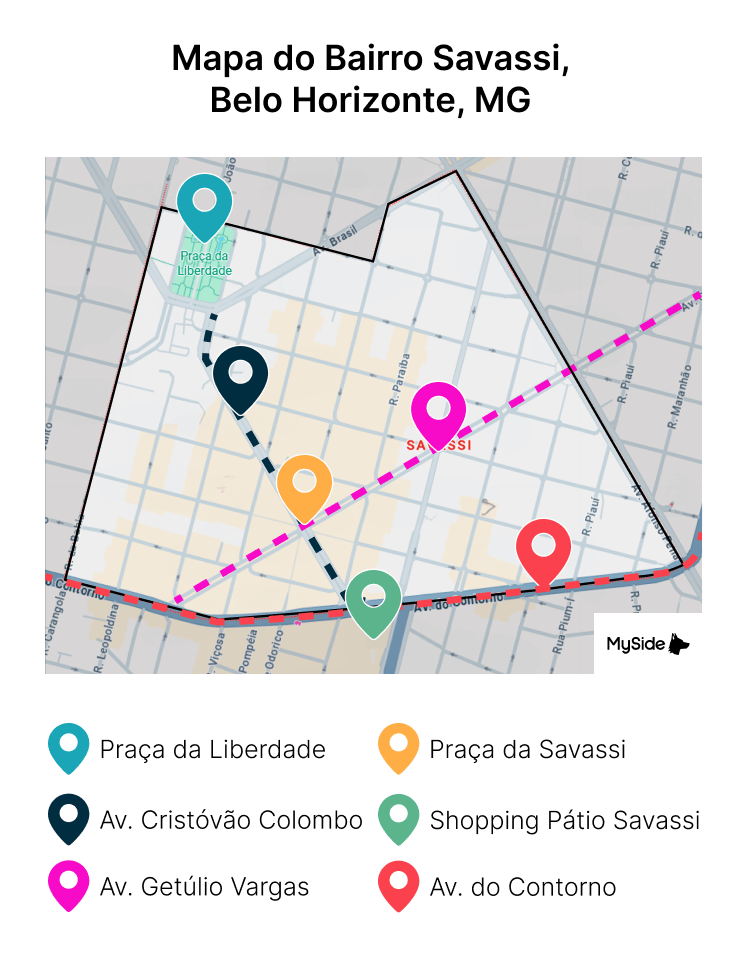 Mapa com os principais pontos da Savassi, BH