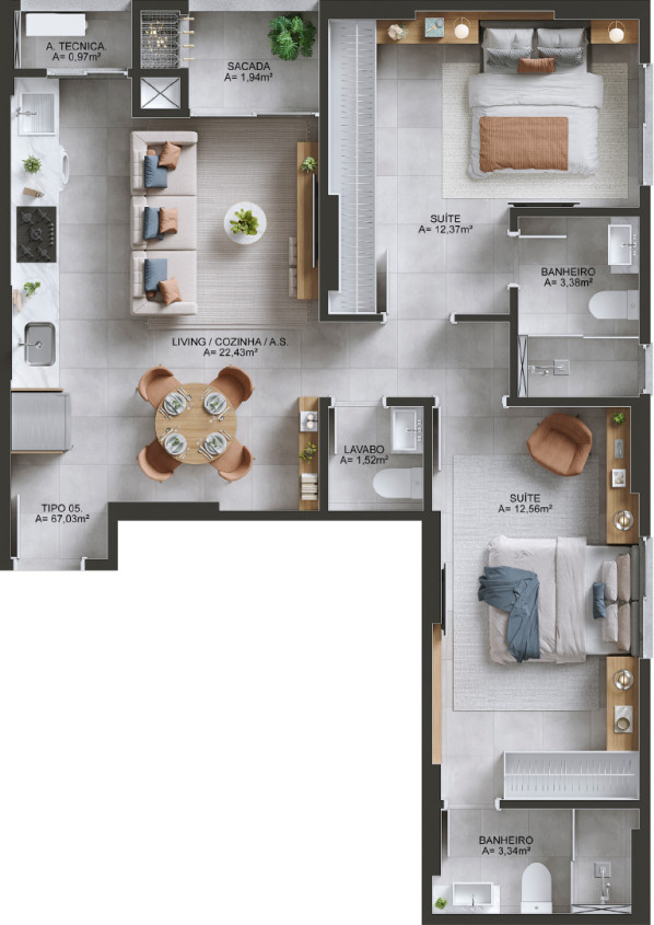 Apartamento de 2 quartos e 67 m² do Flow Residencial
