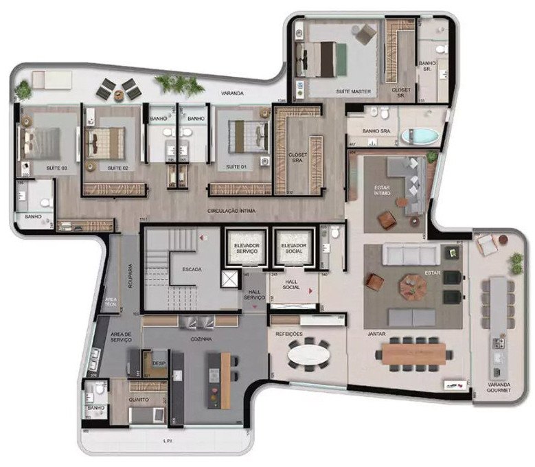 Planta do apartamentos de 378 m² do Brisa Residencial
